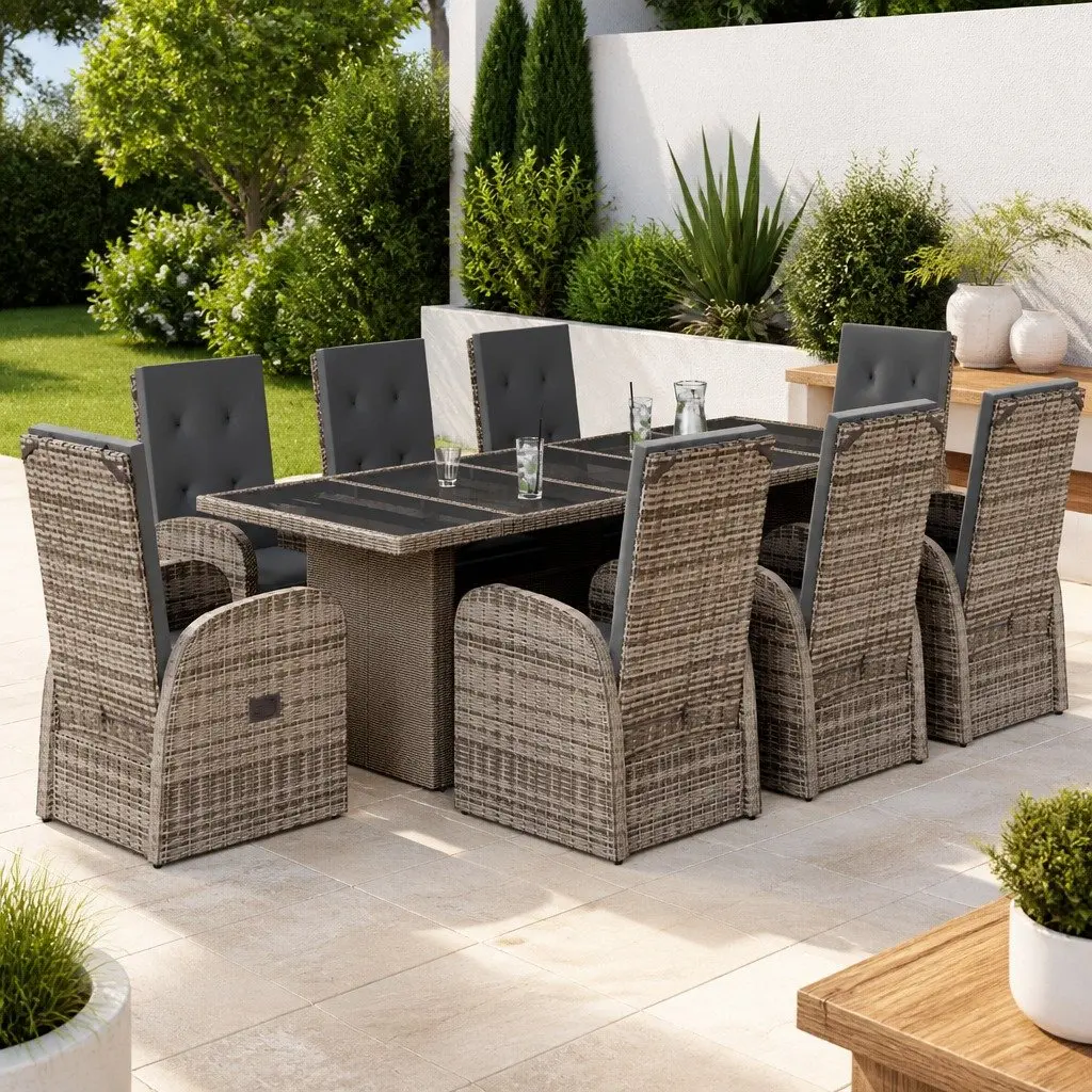 Garden Dining Set Grey 9 Piece Outdoor Furniture Poly Rattan Adjustable Backrest
