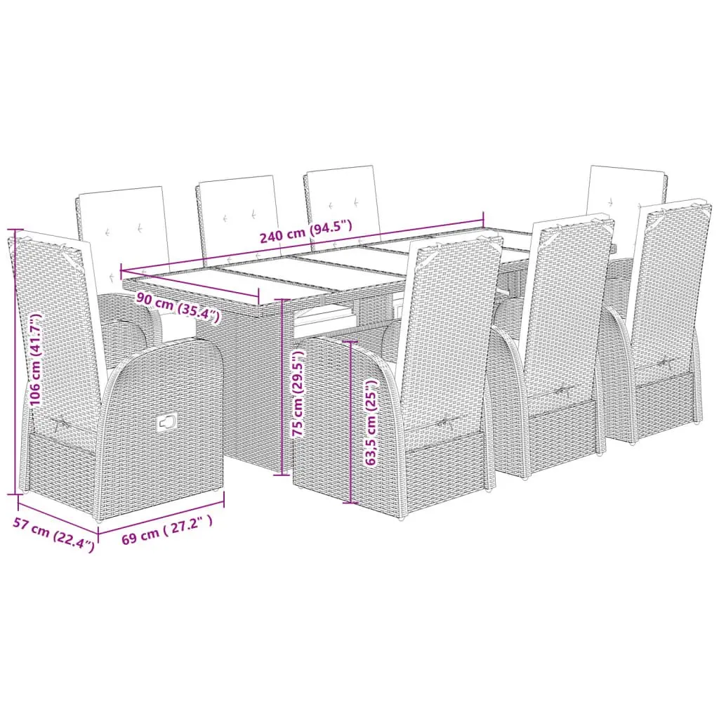 Garden Dining Set Grey 9 Piece Outdoor Furniture Poly Rattan Adjustable Backrest
