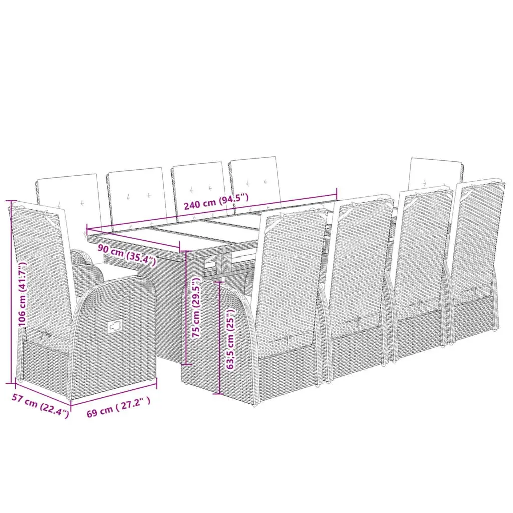 Garden Dining Set 11 Pieces Outdoor Patio Furniture with Cushions Grey Rattan