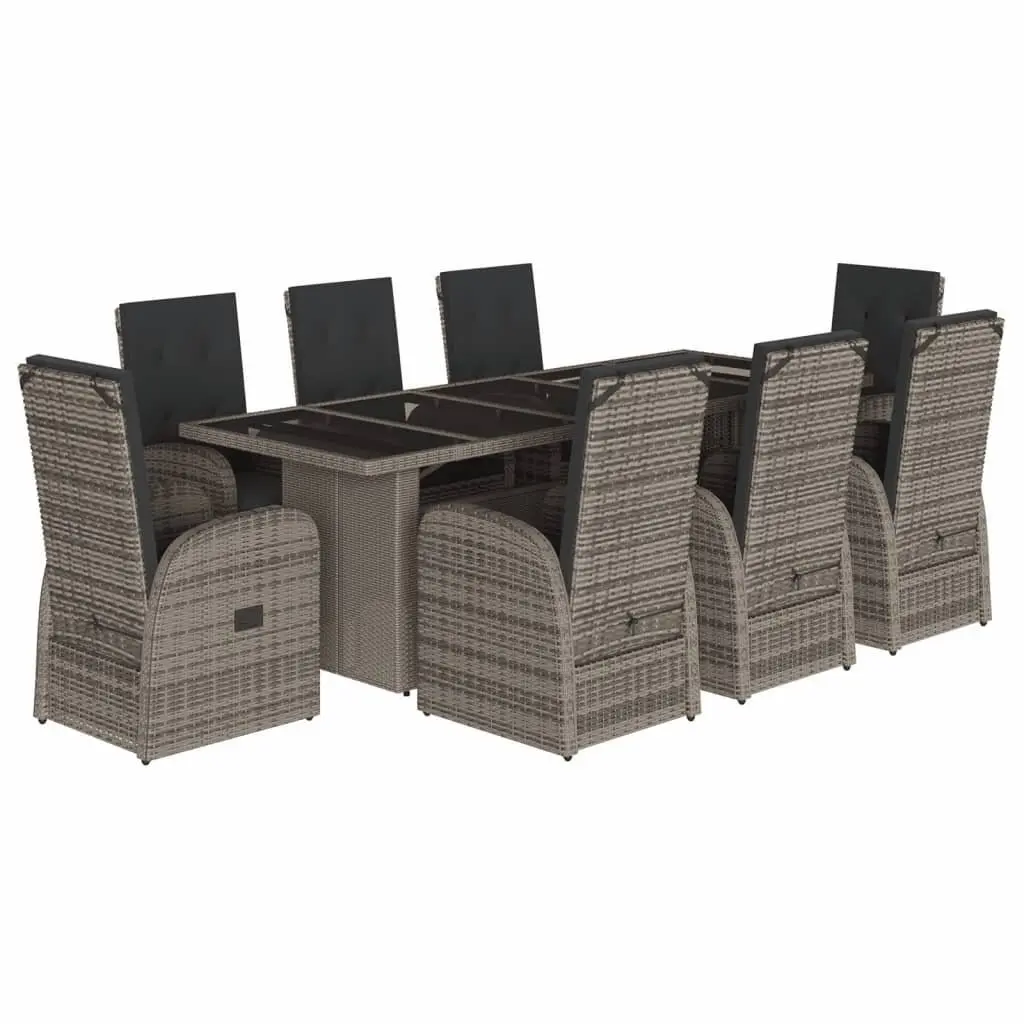 9 Piece Outdoor Dining Set Grey with Cushions Adjustable Backrest and Tempered Glass Table