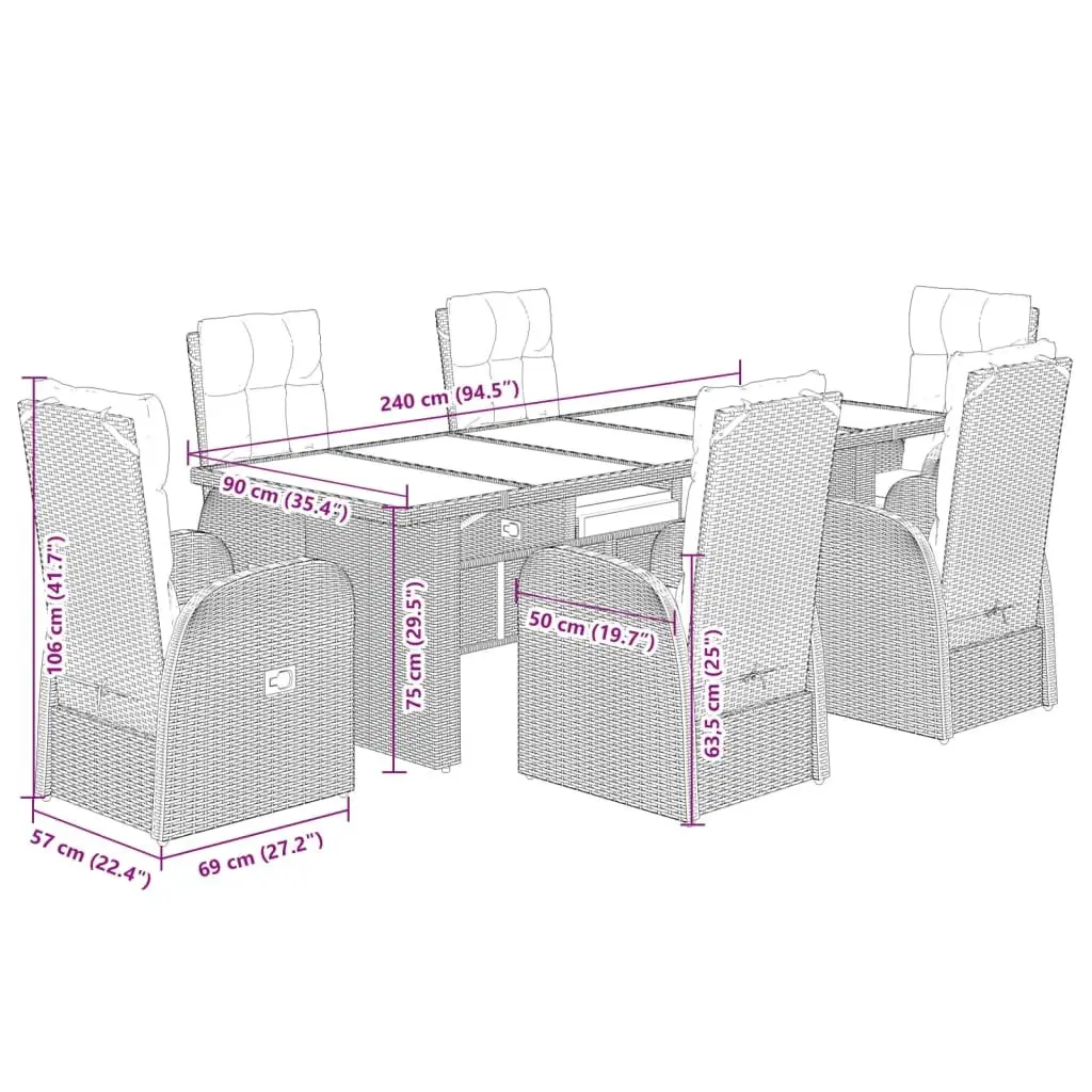 7 Piece Garden Dining Set Outdoor Furniture with Cushions Black Rattan