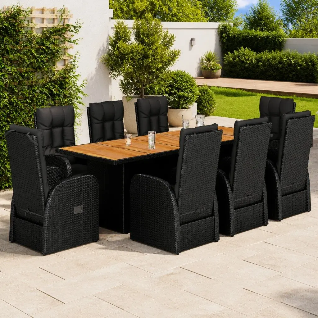 Outdoor Garden Dining Set Black 9 Piece Poly Rattan Furniture with Acacia Wood Table and Cushions