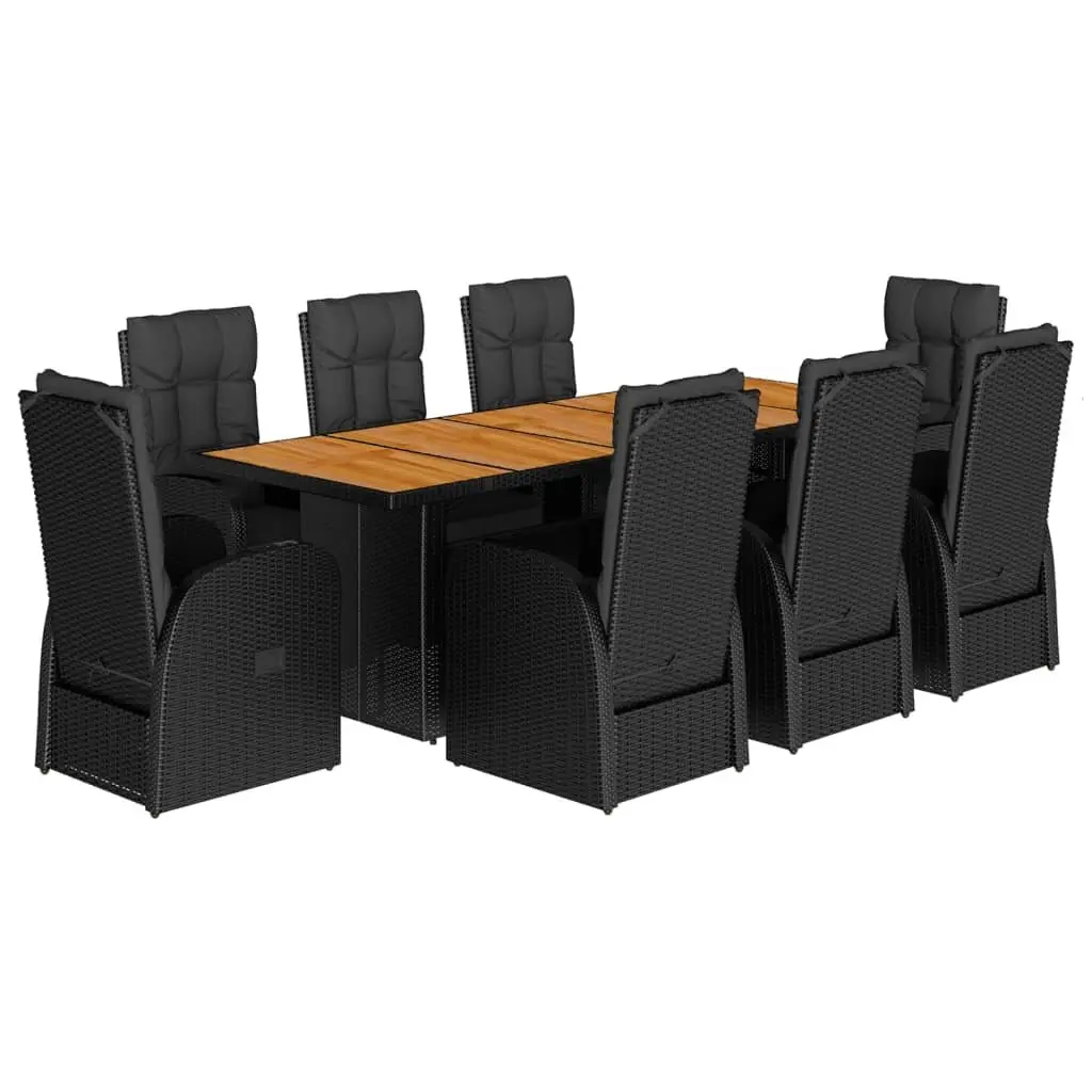 Outdoor Garden Dining Set Black 9 Piece Poly Rattan Furniture with Acacia Wood Table and Cushions