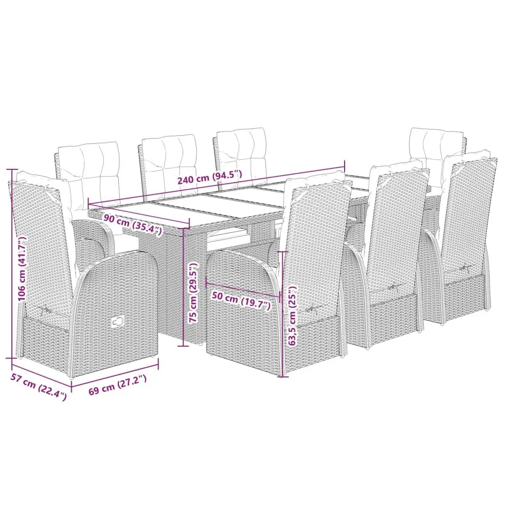 Outdoor Garden Dining Set Black 9 Piece Poly Rattan Furniture with Acacia Wood Table and Cushions