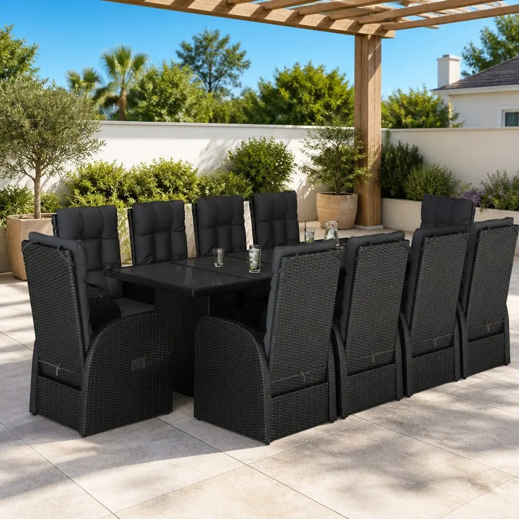 Garden Dining Set Black 11 Piece Outdoor Furniture Poly Rattan with Cushions