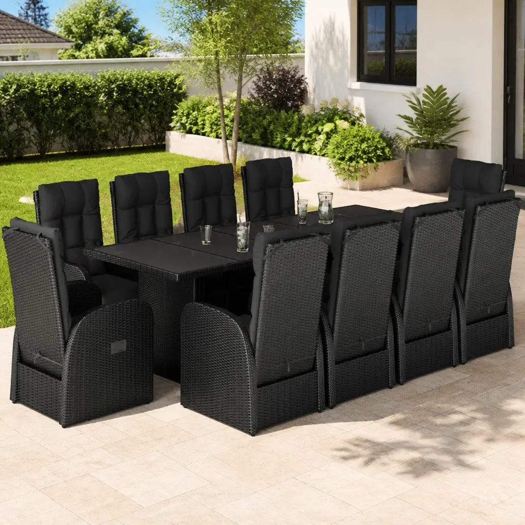 Garden Dining Set Black 11 Piece Outdoor Furniture PE Rattan Adjustable Backrest