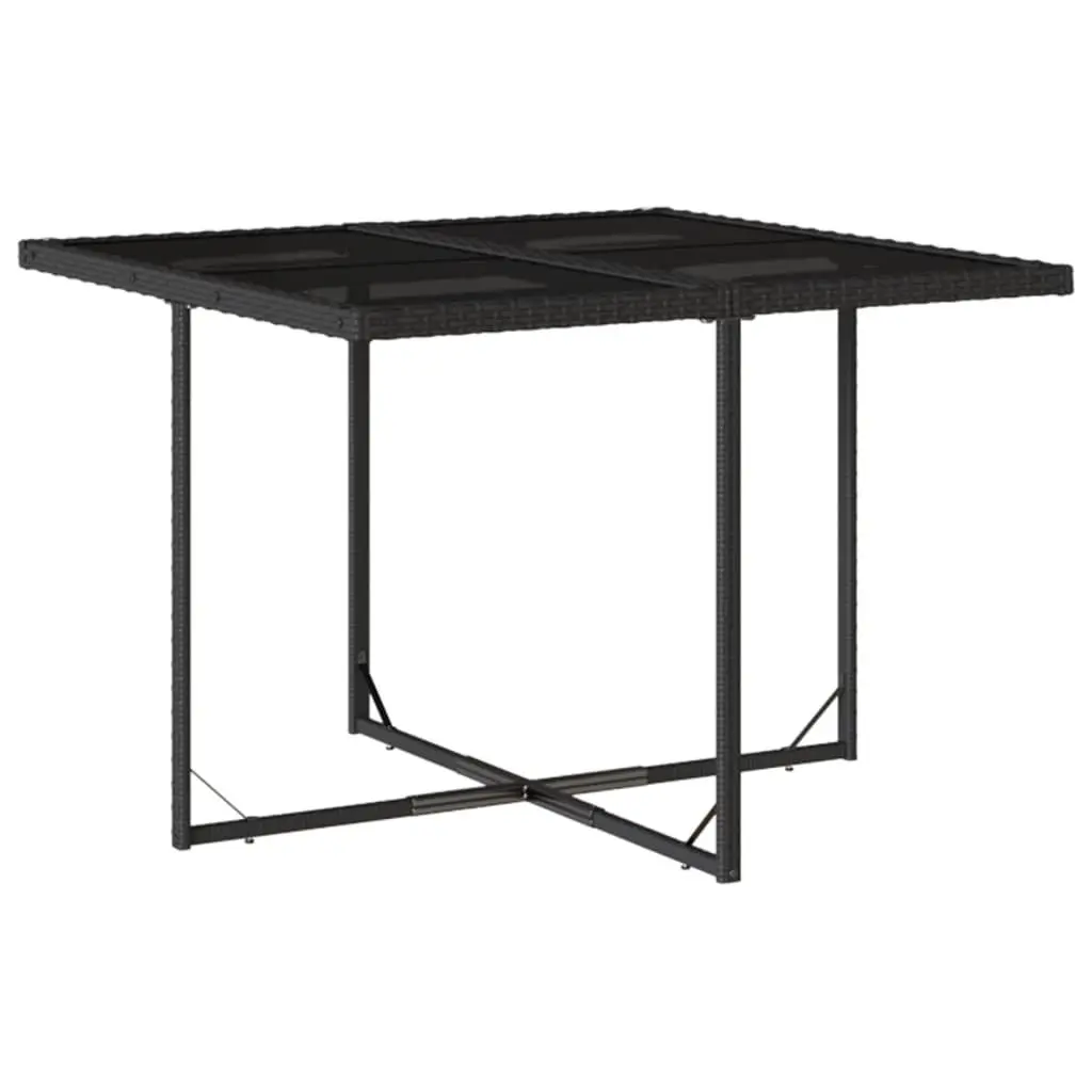 5 Piece Garden Dining Set Black Poly Rattan Table with Tempered Glass Top and Foldable Chairs