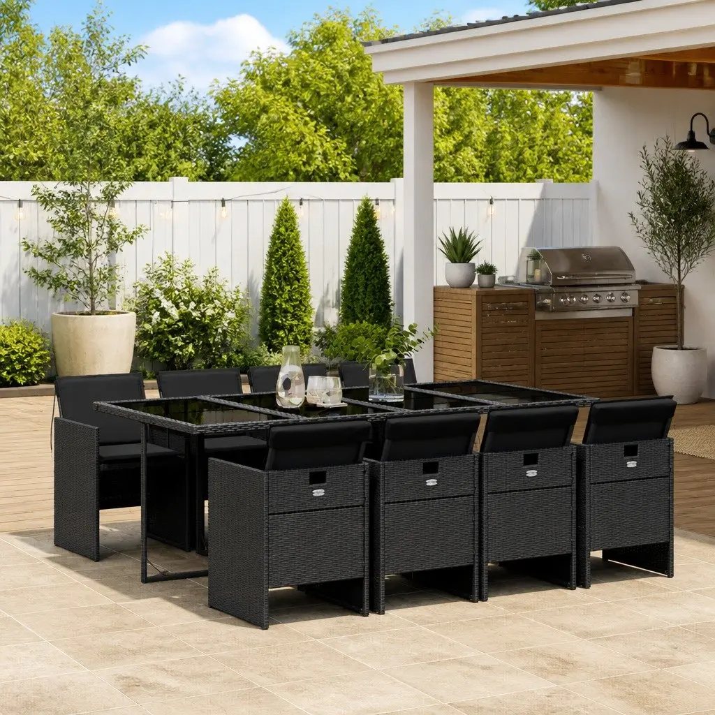 9 Piece Dining Set Black Rattan Chairs Table Outdoor Patio Furniture with Tempered Glass Top