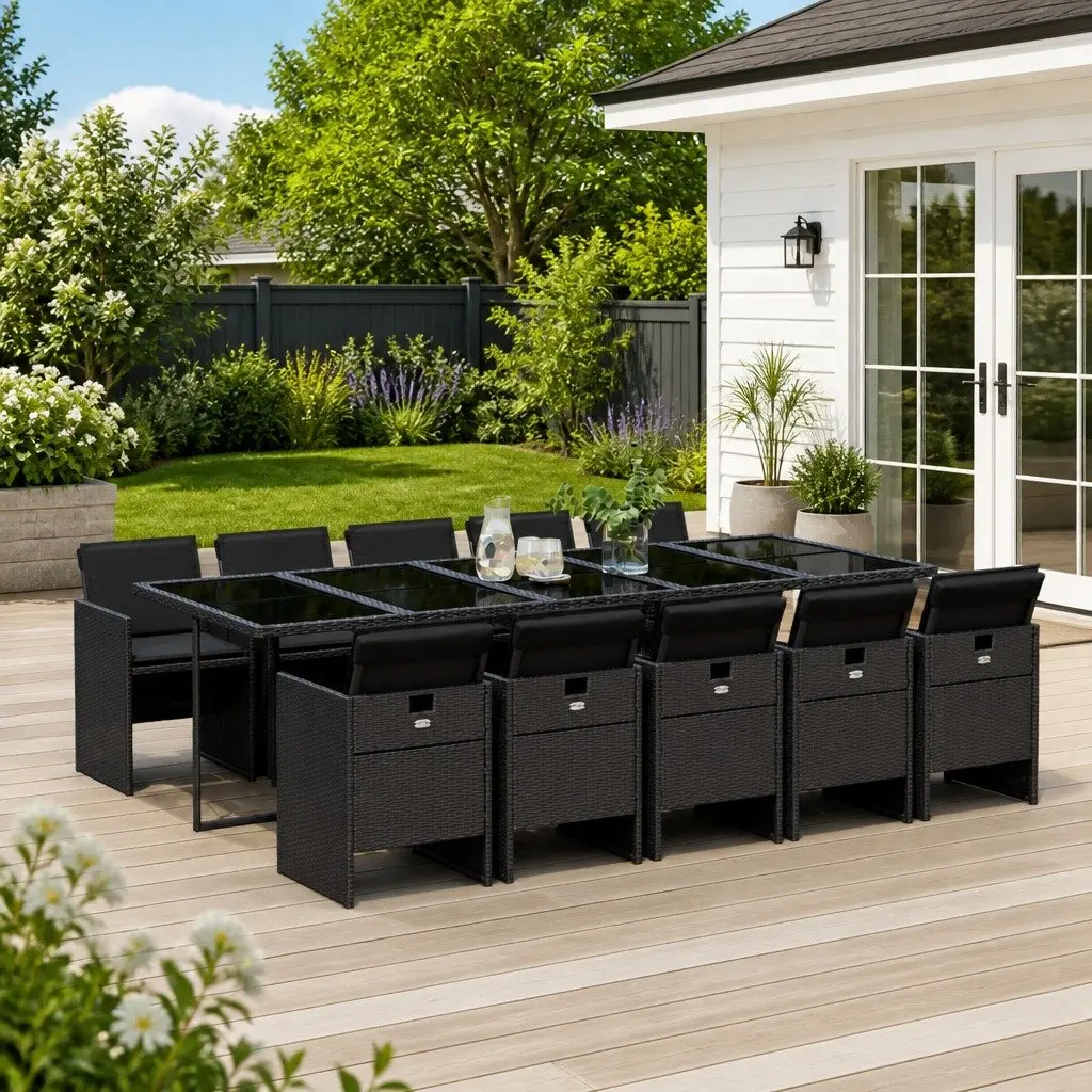 Garden Dining Set Black 11 Piece Poly Rattan Outdoor Furniture with Cushions