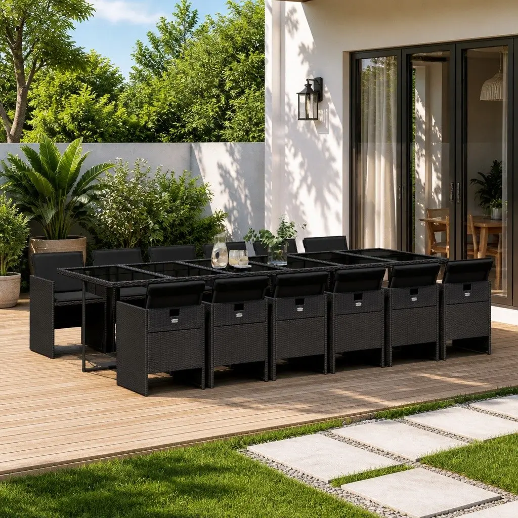 13 Piece Black Outdoor Dining Set Patio Furniture with Cushions Foldable