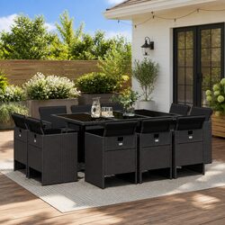 11 Piece Outdoor Dining Set Black Poly Rattan Chairs Table with Cushions Patio