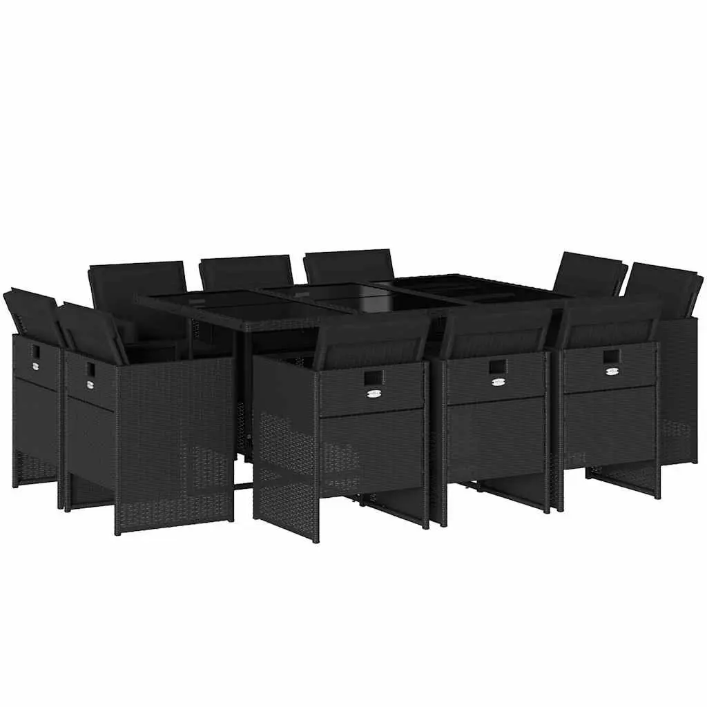 Outdoor Dining Set Black Rattan 11 Piece Cushioned Chairs Table with Tempered Glass