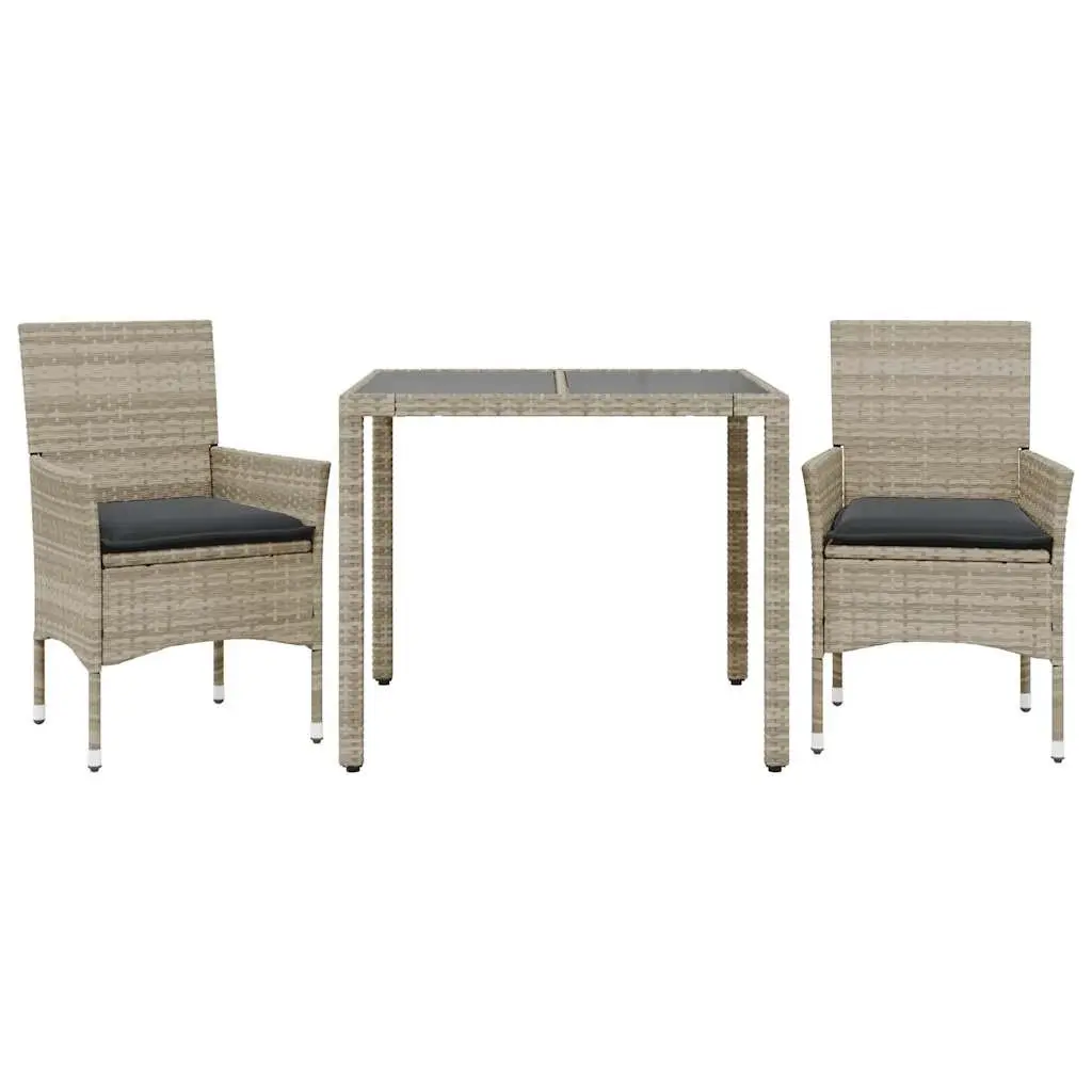 Garden Dining Set 3 Piece Outdoor Furniture Grey Poly Rattan Glass Table Patio