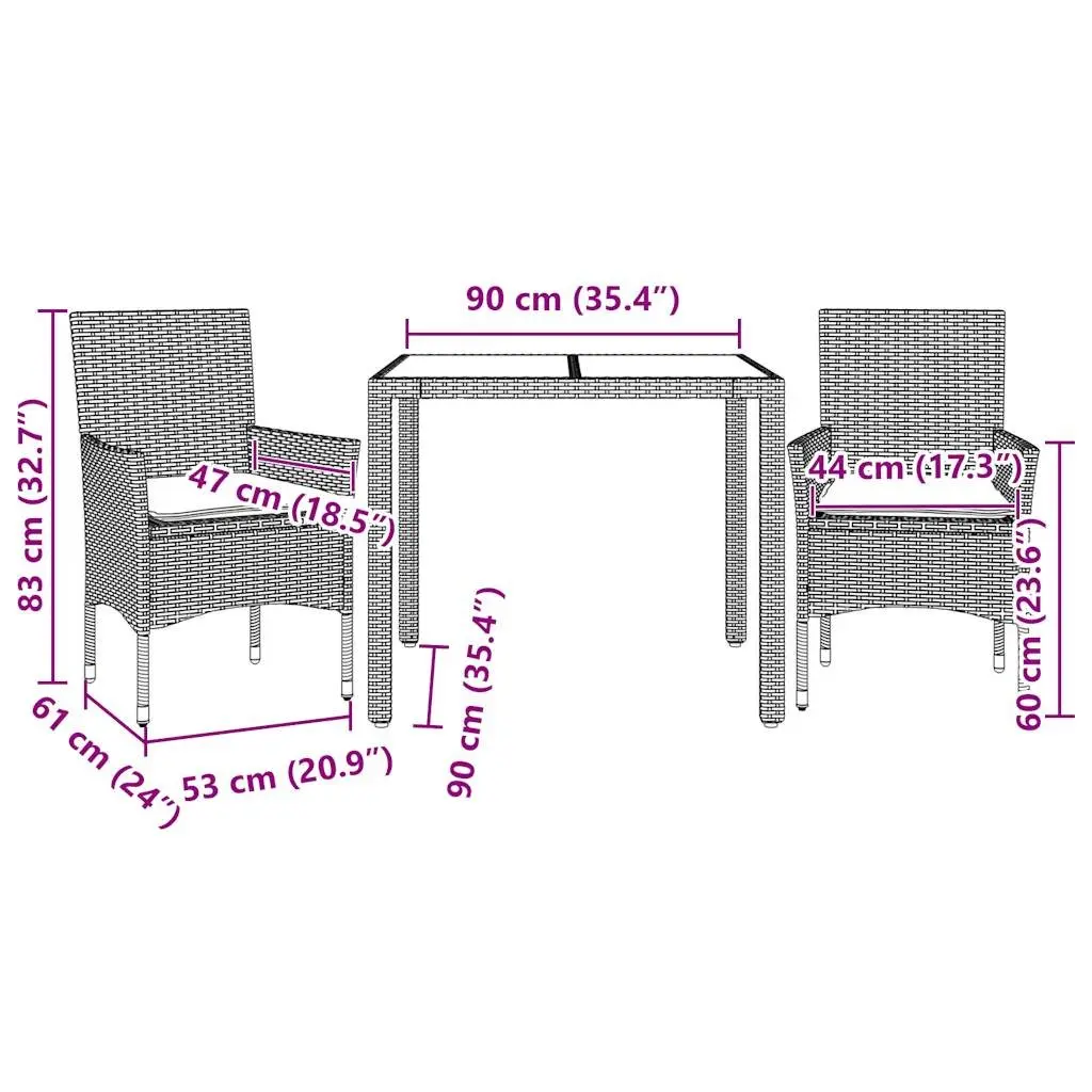 Garden Dining Set 3 Piece Outdoor Furniture Grey Poly Rattan Glass Table Patio