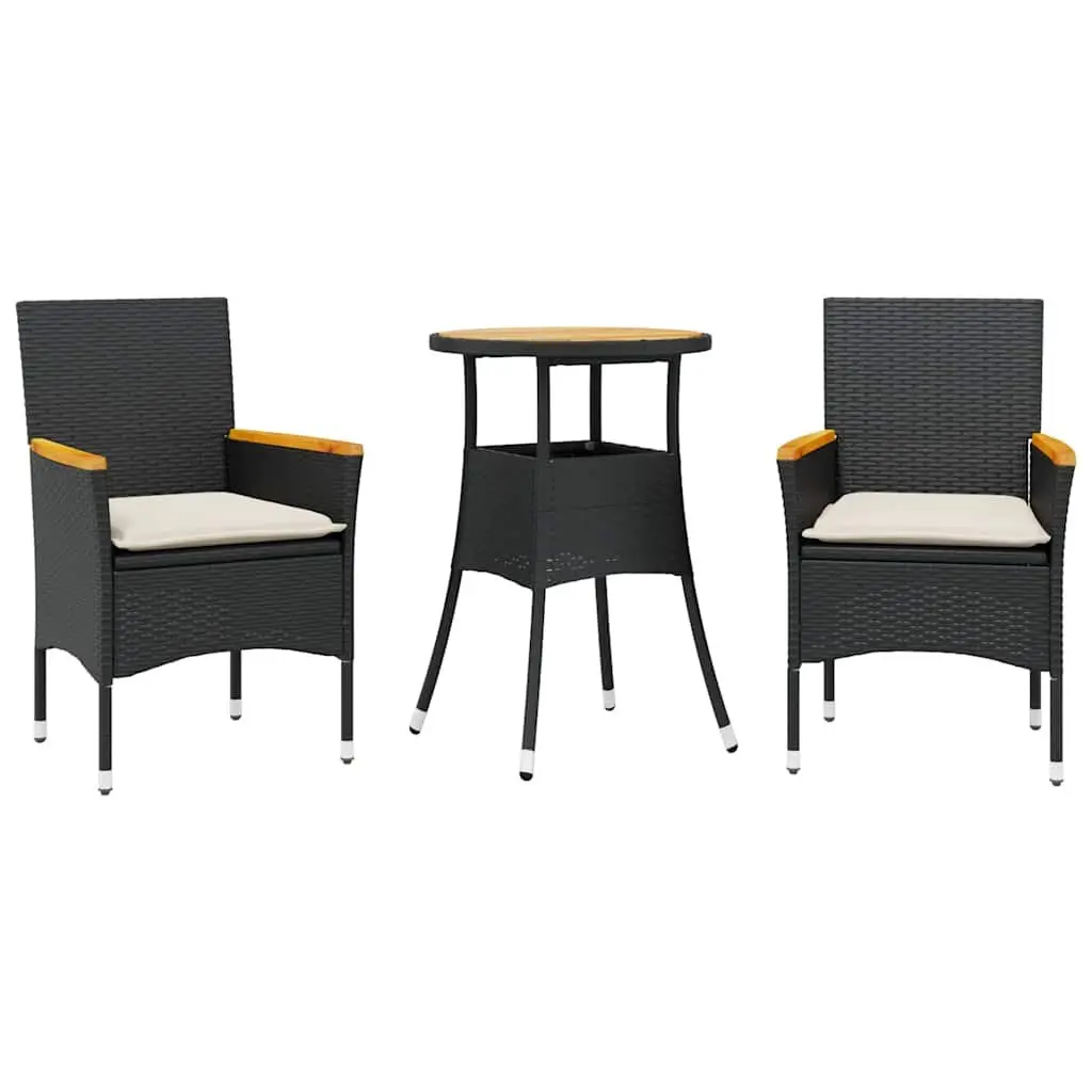 3 Piece Black Patio Dining Set Poly Rattan with Acacia Wood Table and Cushions