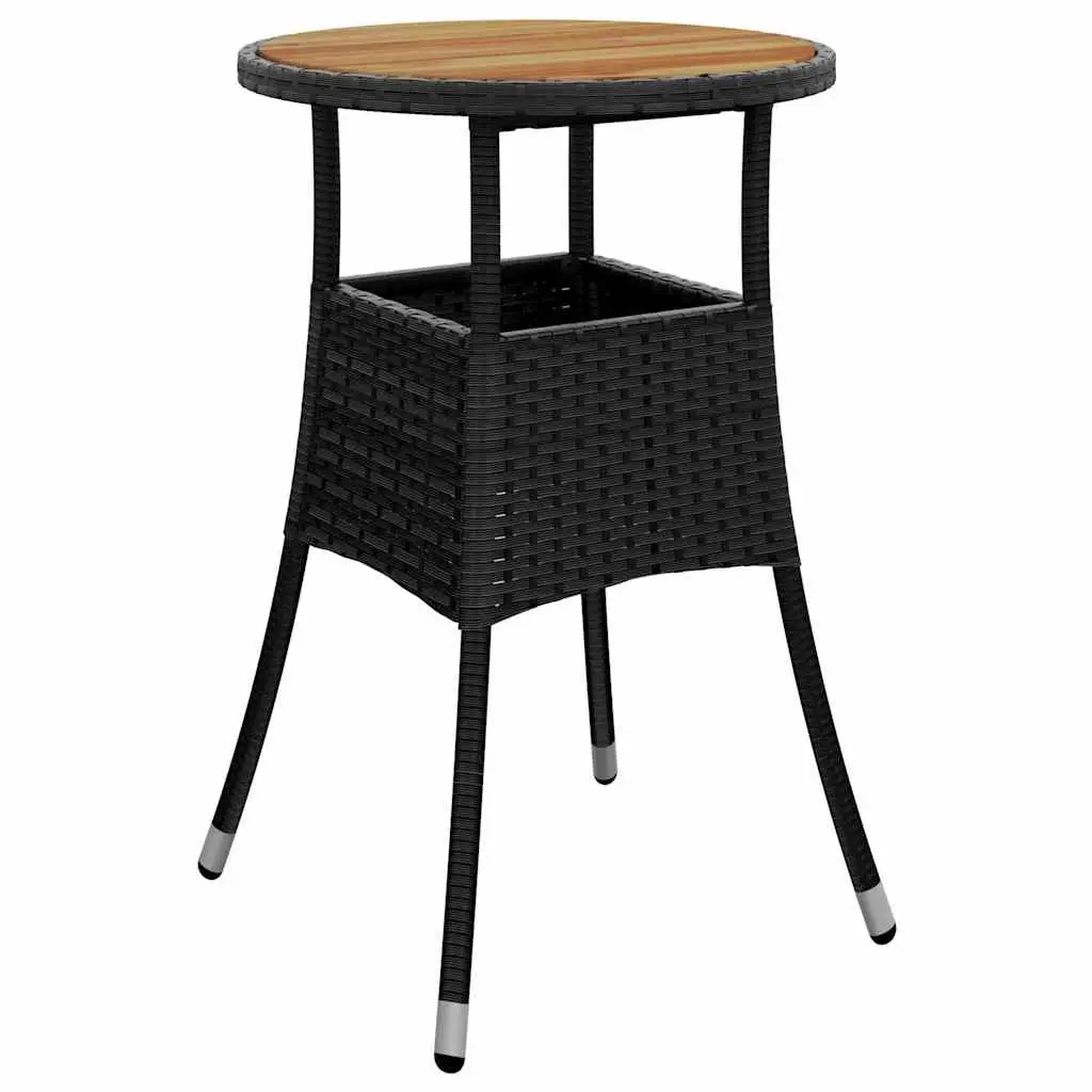 3 Piece Black Patio Dining Set Poly Rattan with Acacia Wood Table and Cushions