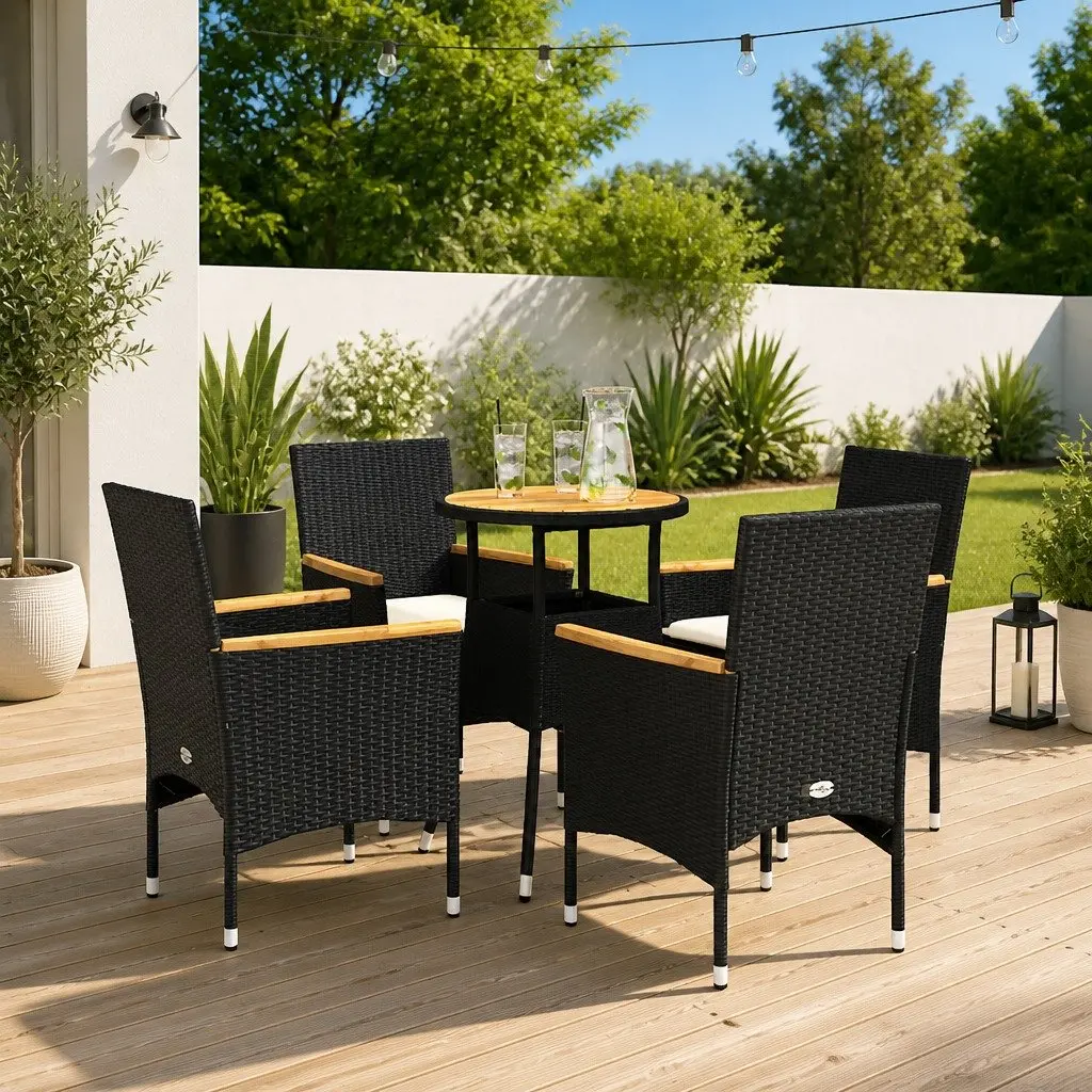 5 Piece Garden Dining Set Outdoor Furniture with Cushions Black Poly Rattan