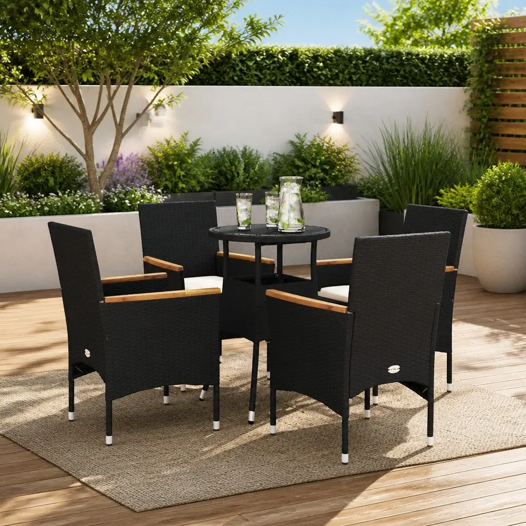 5 Piece Garden Dining Set with Cushions Black Poly Rattan Glass Outdoor Patio