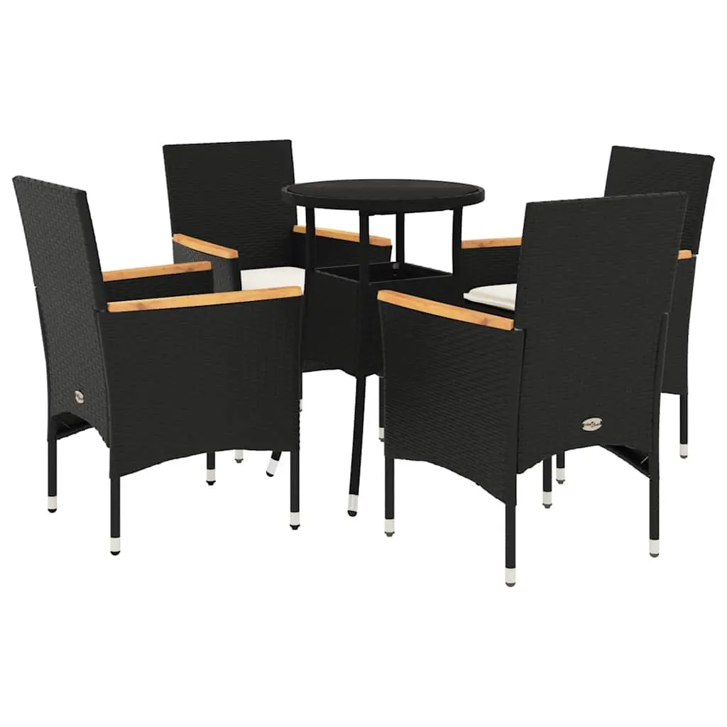 5 Piece Garden Dining Set with Cushions Black Poly Rattan Glass Outdoor Patio