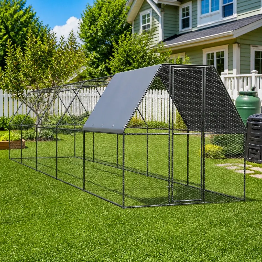 Chicken Cage Silver 2x10x2m Galvanised Steel Walk-In Coop Outdoor Enclosure