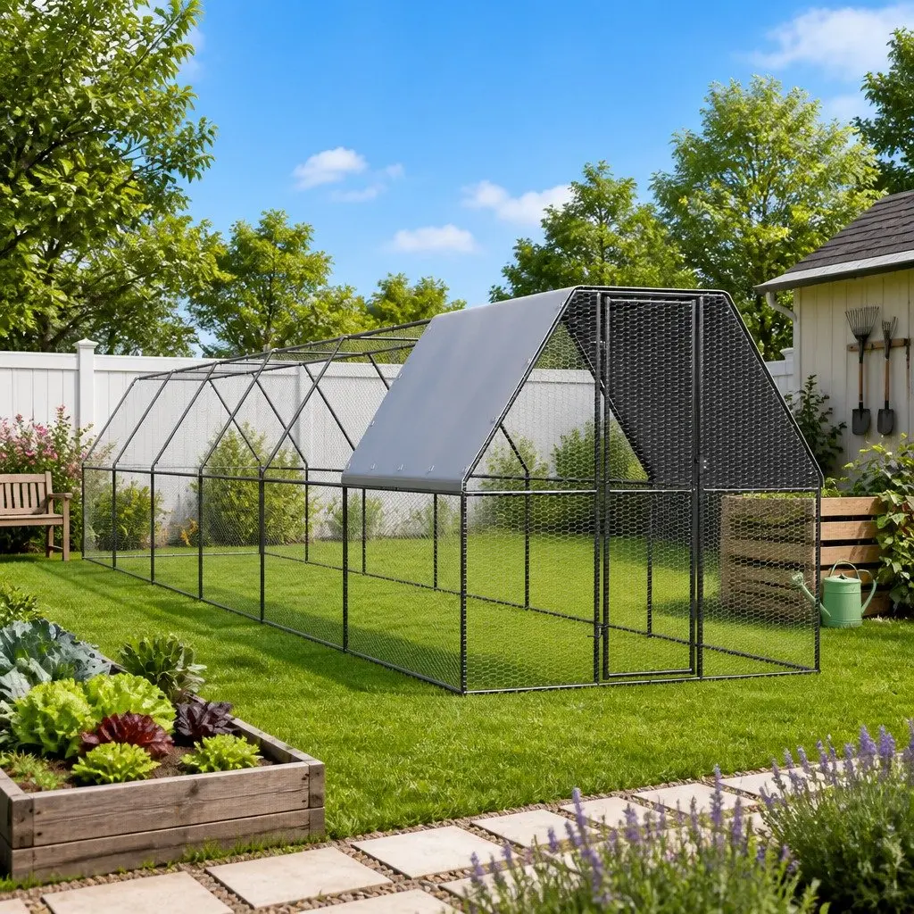 Chicken Cage Silver 2x12x2 m Walk In Enclosure Galvanised Steel Frame Polyethylene Roof
