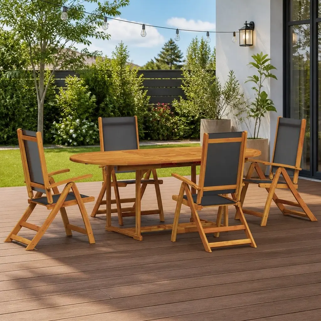 5 Piece Garden Dining Set Brown Acacia Wood Adjustable Chairs Table