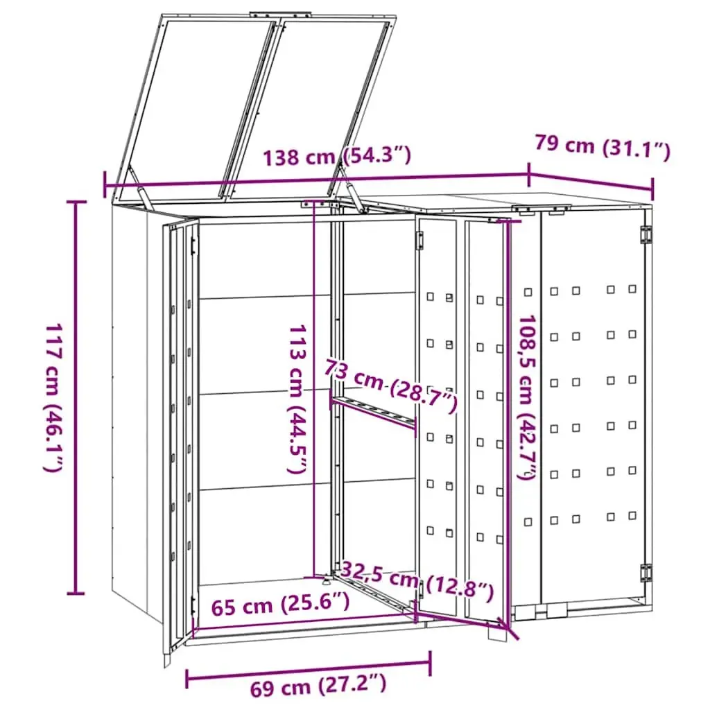 Wheelie Bin Storage Enclosure Grey Steel 2 Bins Gas-Spring Lid Magnetic Closure Ventilation Panels