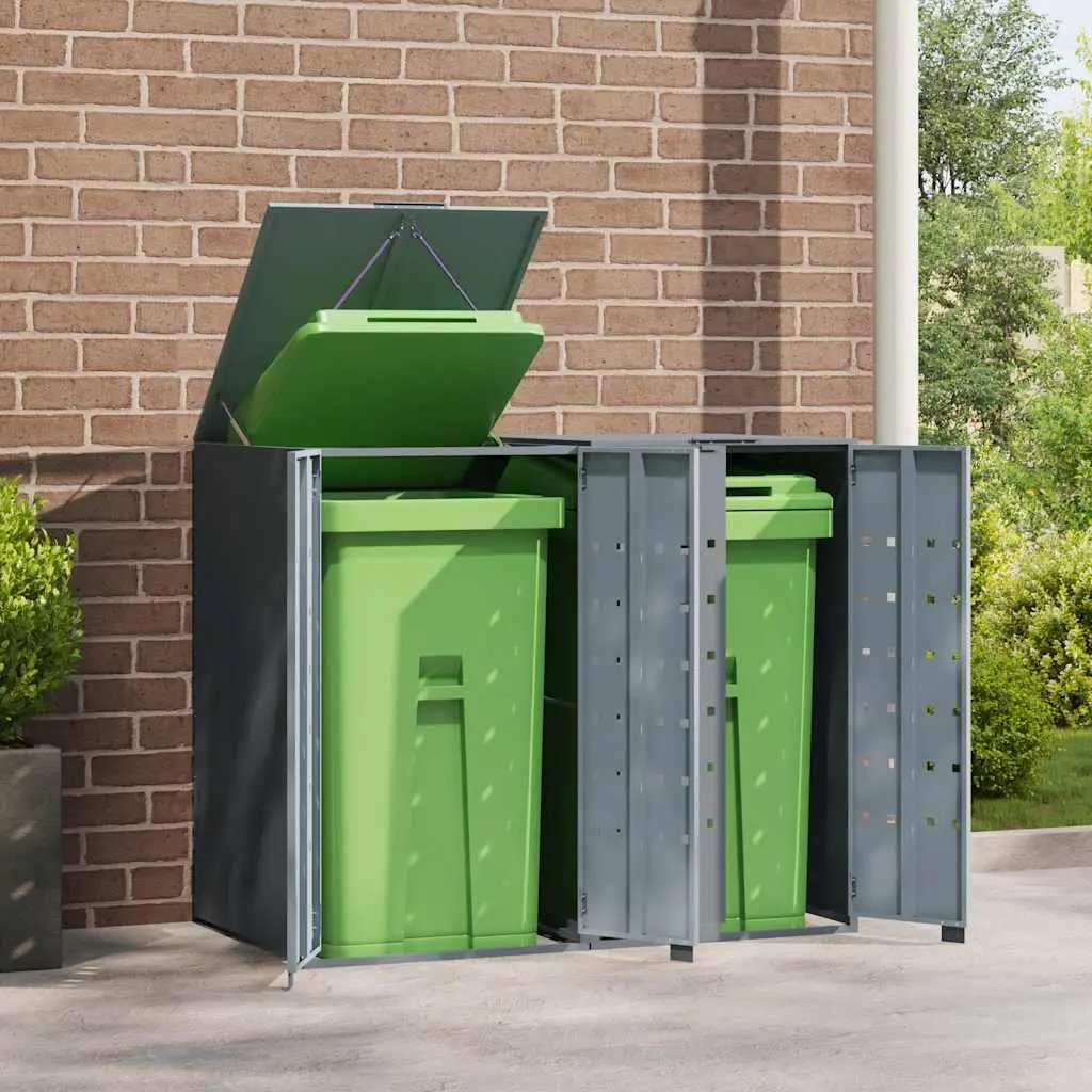 Wheelie Bin Storage Enclosure Grey Steel 2 Bins Gas-Spring Lid Magnetic Closure Ventilation Panels