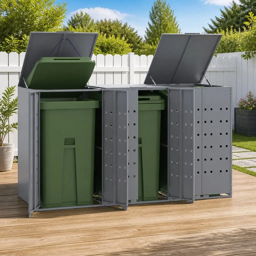 Wheelie Bin Storage Shed Grey Powder-coated Steel 3 Bin Capacity Gas-spring Lid Magnetic Closure Ventilation Panels
