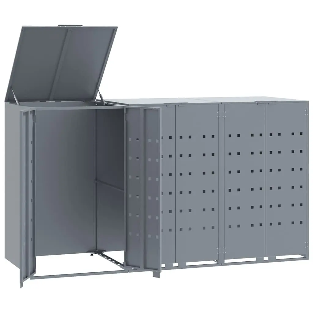 Wheelie Bin Storage Shed Grey Powder-coated Steel 3 Bin Capacity Gas-spring Lid Magnetic Closure Ventilation Panels