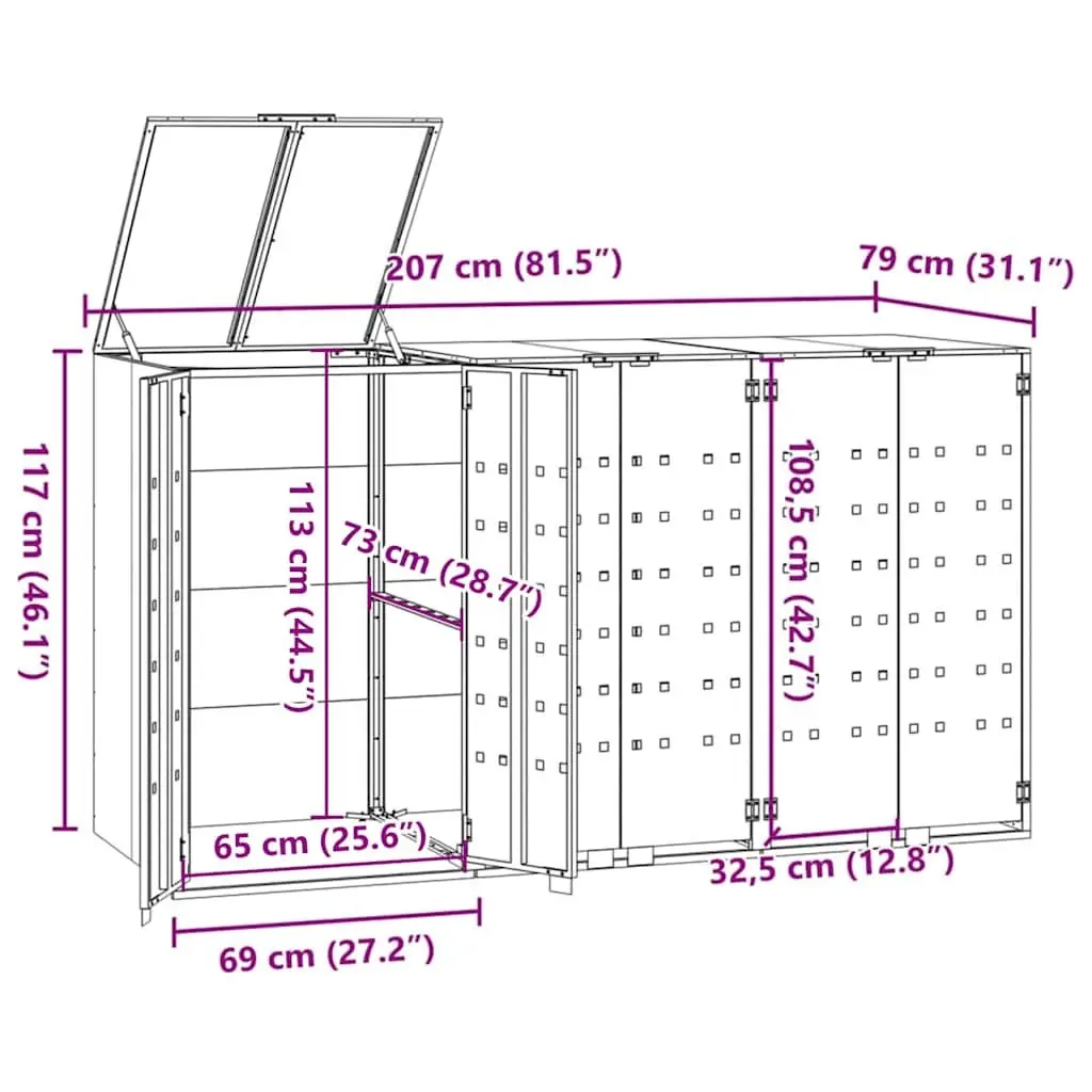 Wheelie Bin Storage Shed Grey Powder-coated Steel 3 Bin Capacity Gas-spring Lid Magnetic Closure Ventilation Panels