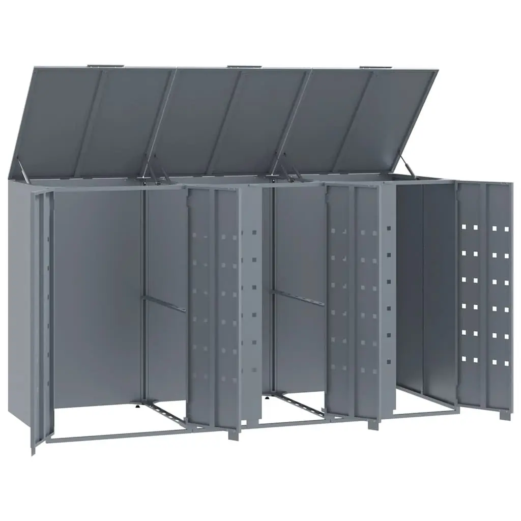Wheelie Bin Storage Shed Grey Powder-coated Steel 3 Bin Capacity Gas-spring Lid Magnetic Closure Ventilation Panels
