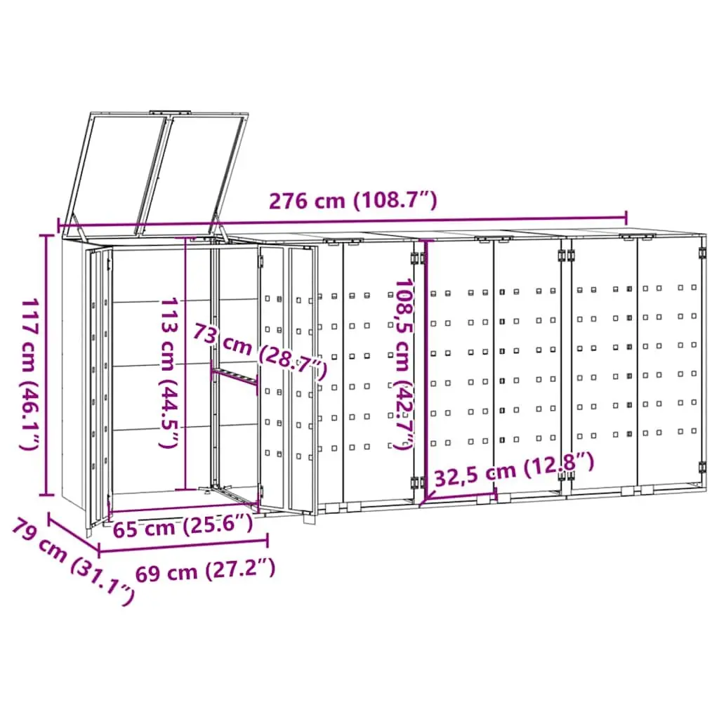 Wheelie Bin Storage Shed Grey Powder-coated Steel Gas-spring Lid Ventilation Panels