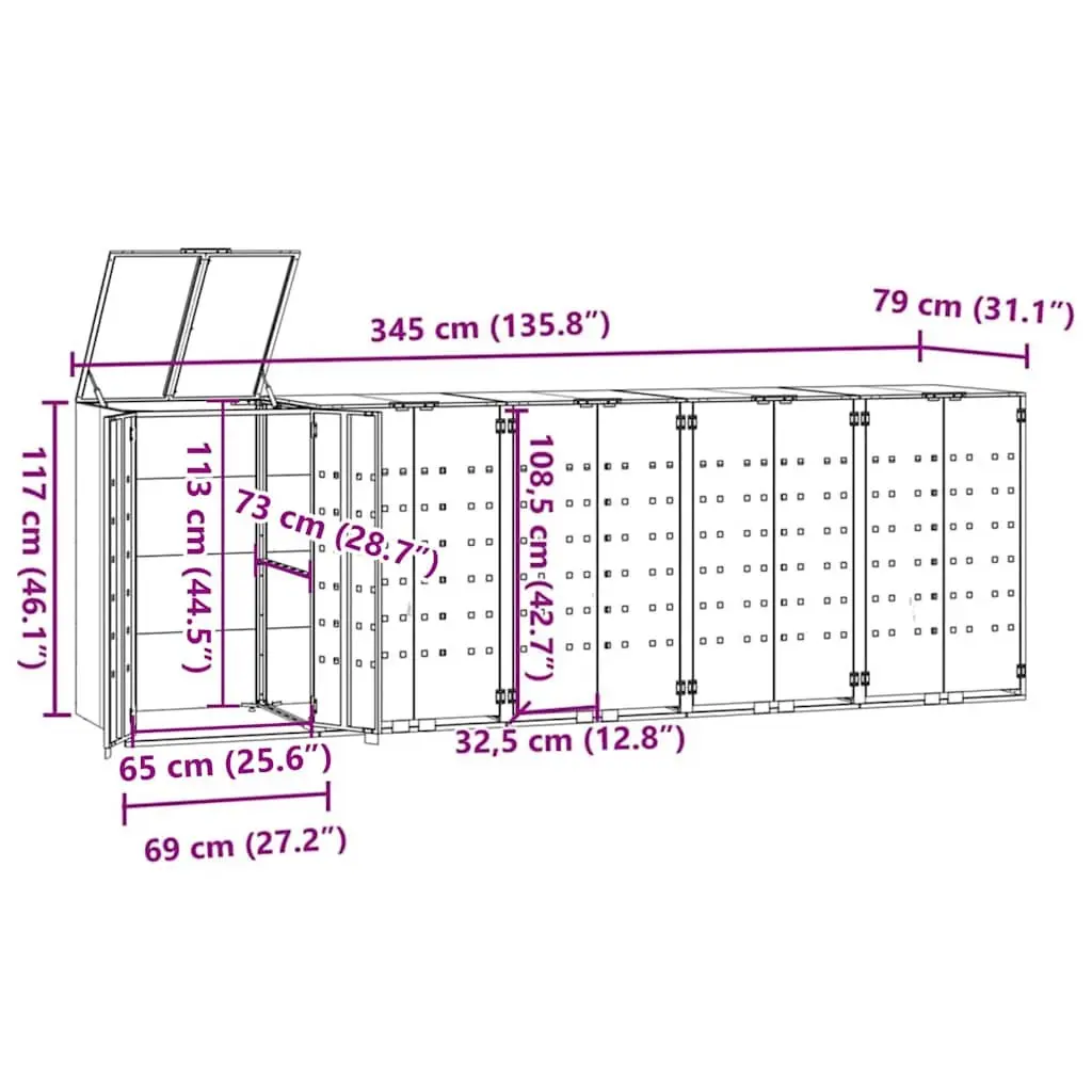 Wheelie Bin Storage Shed Grey 345x79x117cm Steel Automatic Opening Ventilation Panels