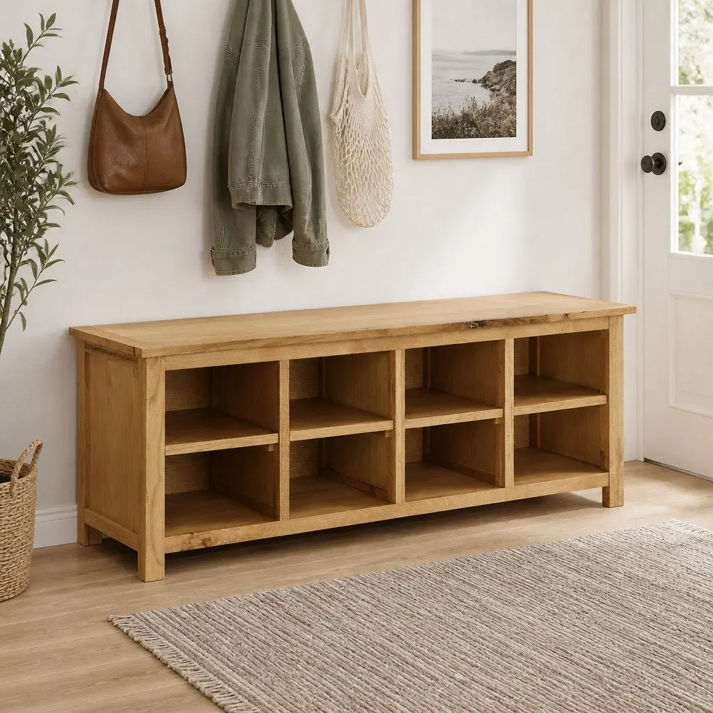 Shoe Rack Bench Brown 8 Compartments Solid Wood Storage Cabinet