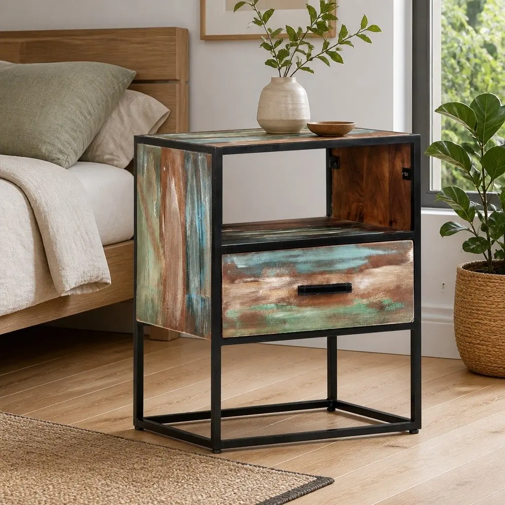Bedside Table Multicolour 40x30x50cm Solid Reclaimed Wood Nightstand with Drawer