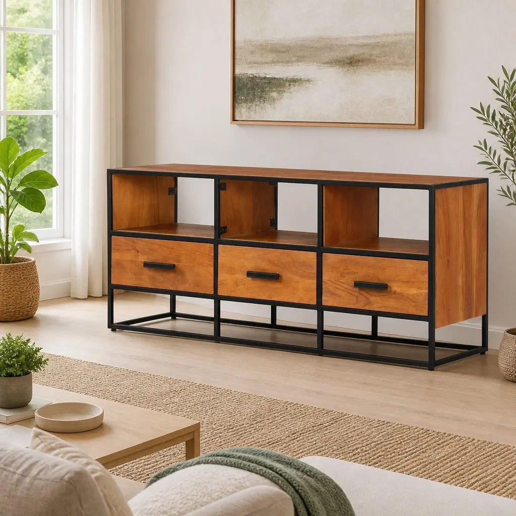 TV Cabinet Brown 110x30x45 cm Solid Acacia Wood with 3 Drawers and 3 Shelves