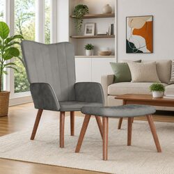 Relaxing Armchair with Footstool Light Grey Velvet Accent Chair Lounge Seat