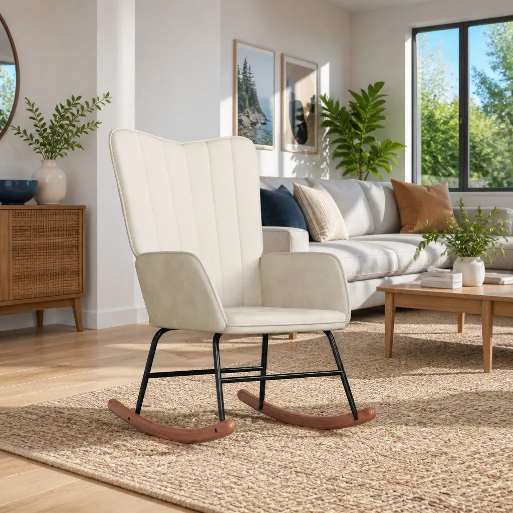 Rocking Chair White Velvet Padded Foam Upholstered Steel Frame Wooden Rocking Rails
