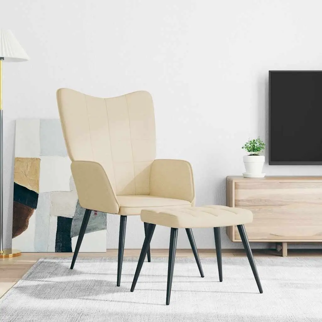 Cream Modern Relaxing Armchair with Matching Footstool Steel Frame Soft Upholstered Fabric