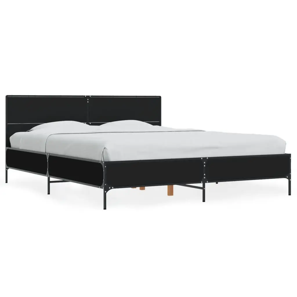 Bed Frame Black 150x200 cm Engineered Wood Plywood Slats Metal Legs Headboard