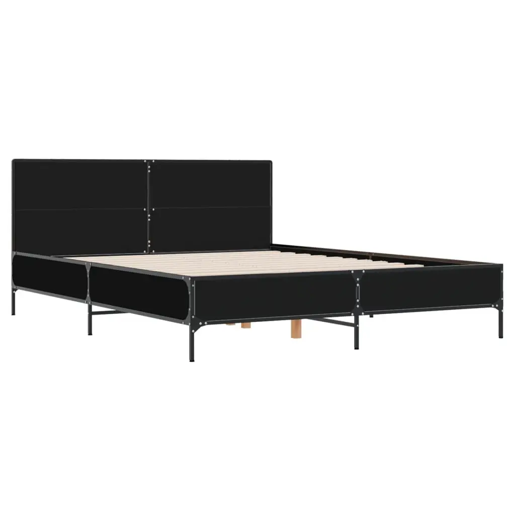 Bed Frame Black 150x200 cm Engineered Wood Plywood Slats Metal Legs Headboard