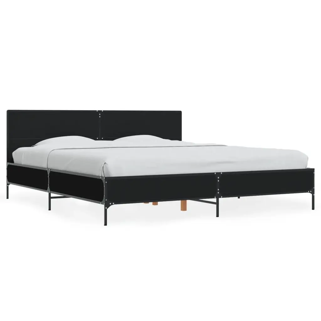 King Bed Frame Black 183x203 cm Slatted Base Metal Legs Engineered Wood