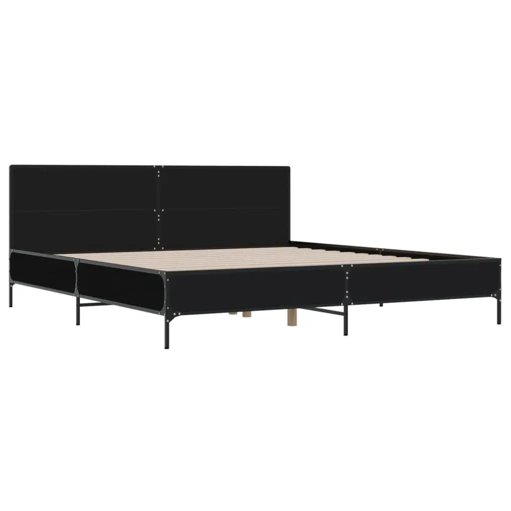 King Bed Frame Black 183x203 cm Slatted Base Metal Legs Engineered Wood