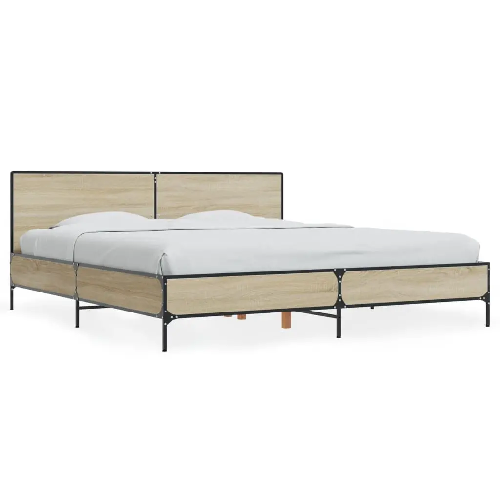 Bed Frame Brown 183x203cm Engineered Wood Headboard Slatted Base Metal Legs