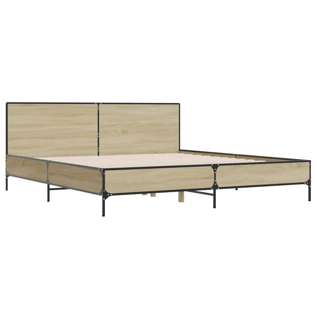 Bed Frame Brown 183x203cm Engineered Wood Headboard Slatted Base Metal Legs