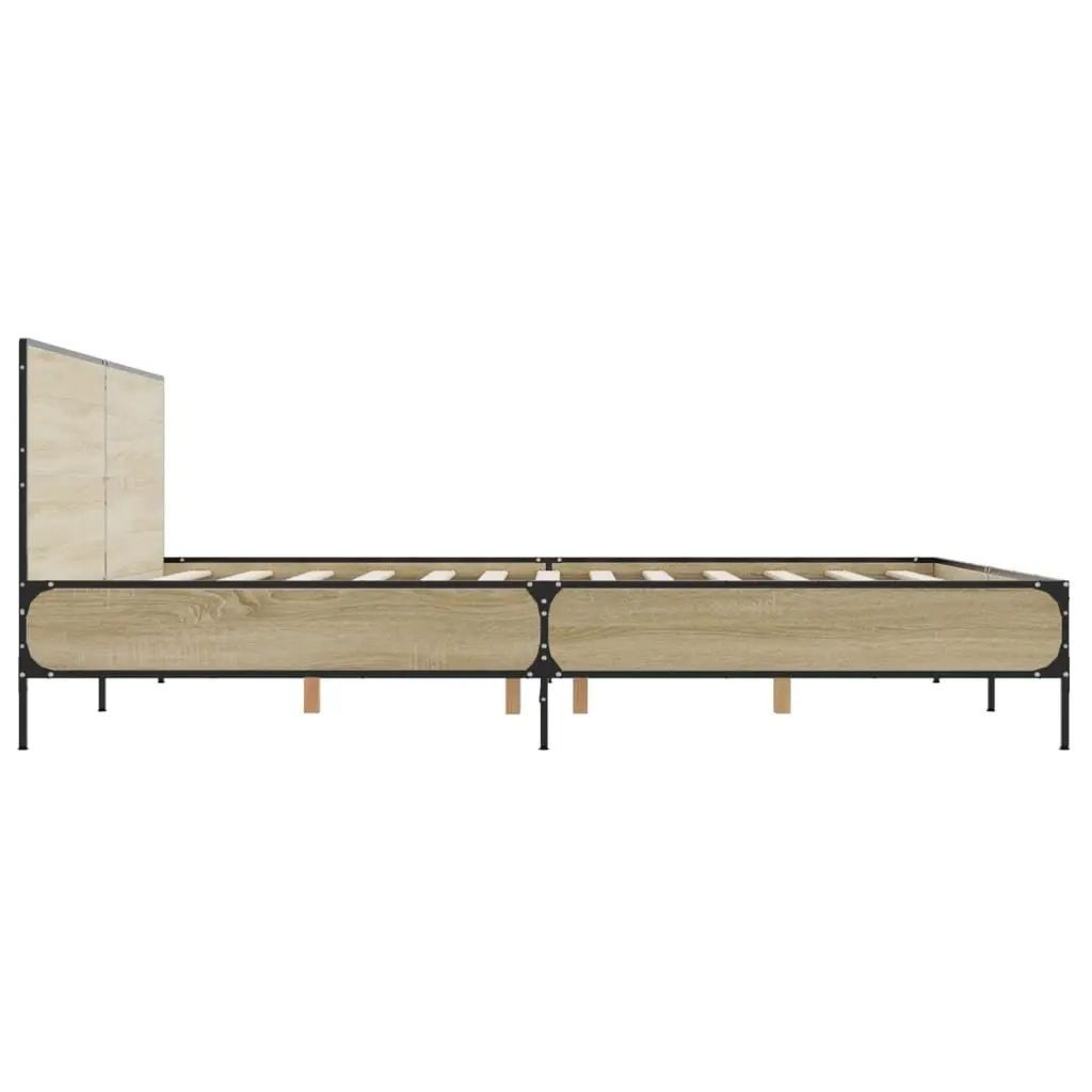 Bed Frame Brown 183x203cm Engineered Wood Headboard Slatted Base Metal Legs