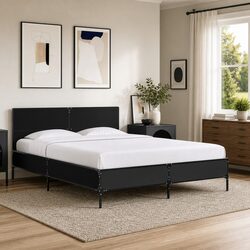 Bed Frame Black 135x190 cm Bedroom Furniture with Headboard Support Slats