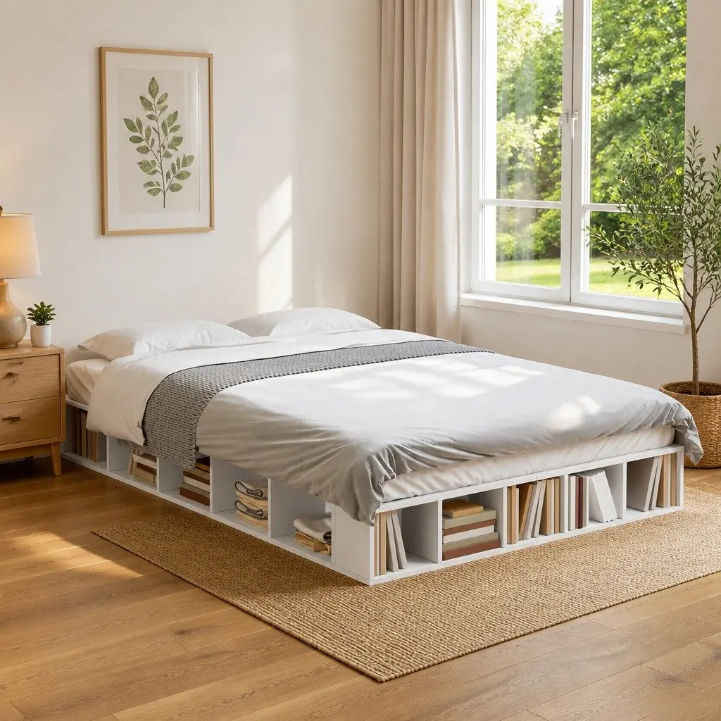 Bed Frame White 135x190 cm Slatted Base Open Storage Compartments