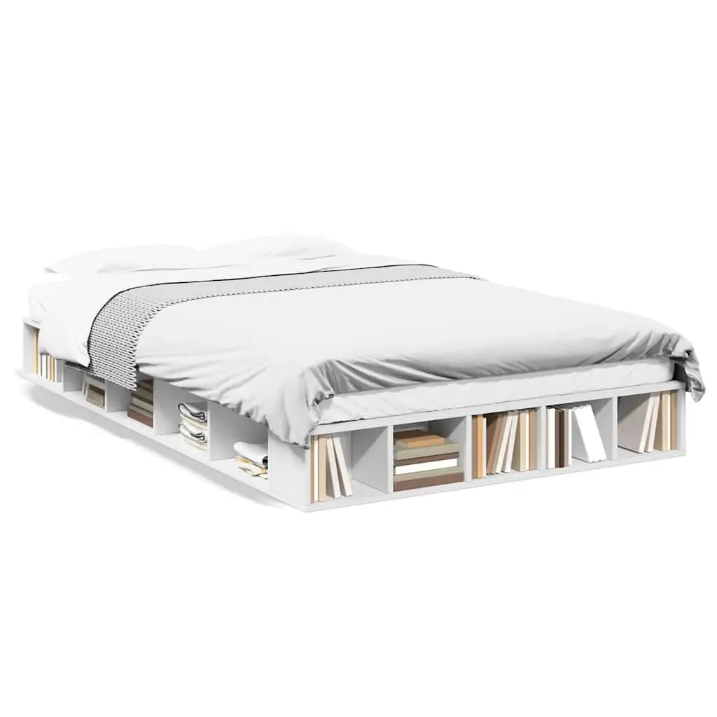 Bed Frame White 135x190 cm Slatted Base Open Storage Compartments